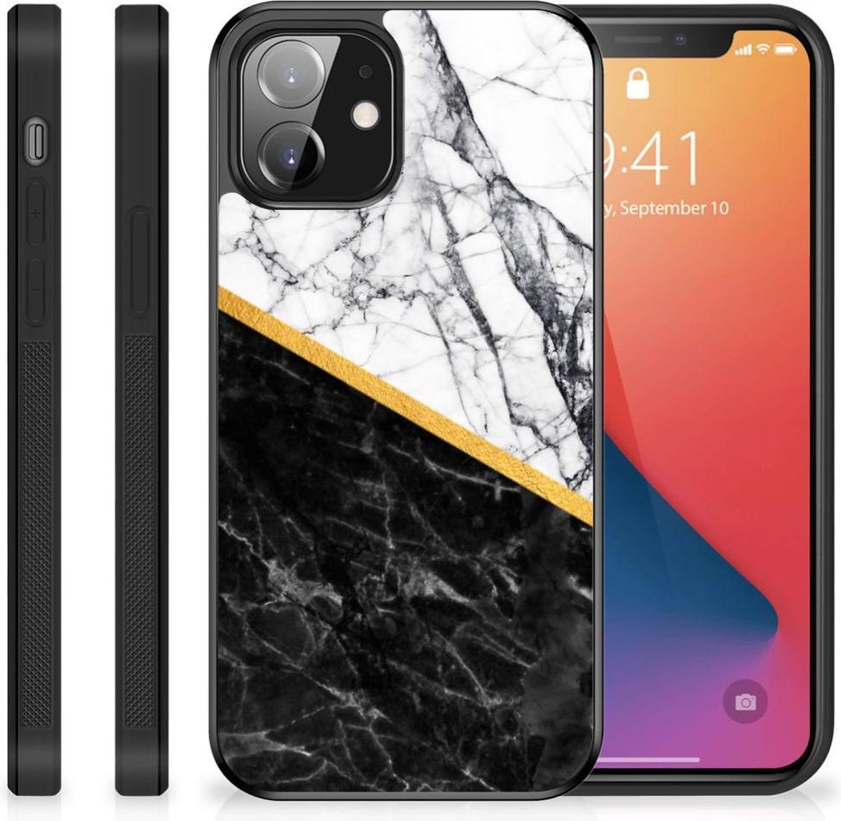 iPhone 12 Mini Gripcase Marmer Wit Zwart - Origineel Cadeau Man