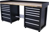 Kraftmeister werkbank 200 cm - Werktafel met 12 laden en eiken werkblad - Zwart