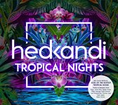 Hedkandi Tropical Nights albumcover met paarse en blauwe bloemen en bladeren.