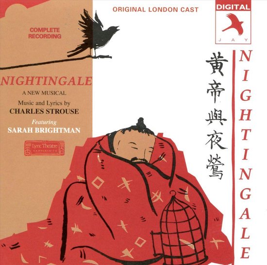 Albumhoes met de tekst 'Nightingale', een nieuwe musical. Een vogel zit op een tak boven een getekende keizer in een rode mantel met een vogelkooi.