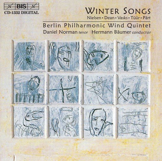 Albumhoes met de titel 'Winter Songs'. Tien kleine, losse tekeningen in blauw en wit op een rommelige, gebroken witte achtergrond. De tekeningen zijn van gezichten, dieren en abstracte vormen.