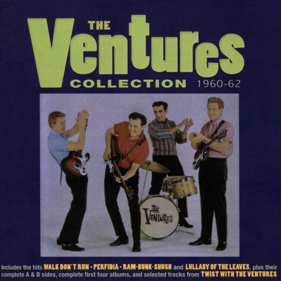 De Ventures Collection 1960-62 met vier mannen in de jaren '60-stijl, spelend op gitaren en drums.