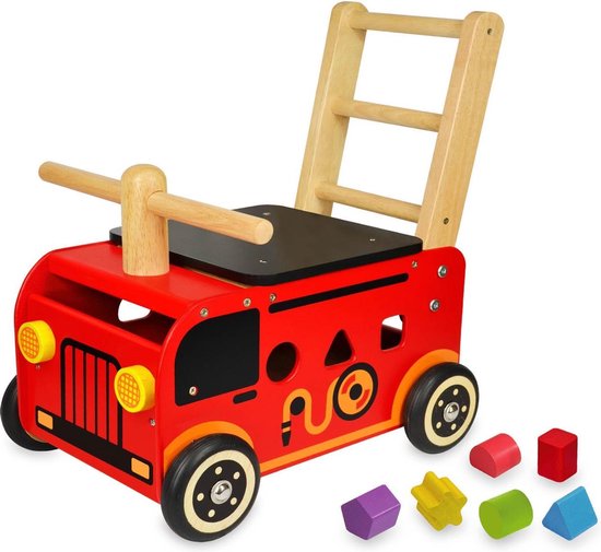 Houten loopwagen brandweer met blokken - I'm Toy