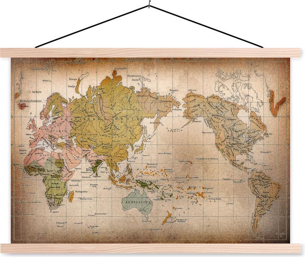 Posterhanger incl. Poster 150x100 cm - Schoolplaat - Klassieke wereldkaart de verspreiding van mensenrassen - Textielposter - Blanke latten