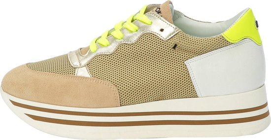 KUNOKA STRIPY platform sneaker beige and fluo yellow - Sneakers Dames - maat 40 - Beige Groen Geel Wit