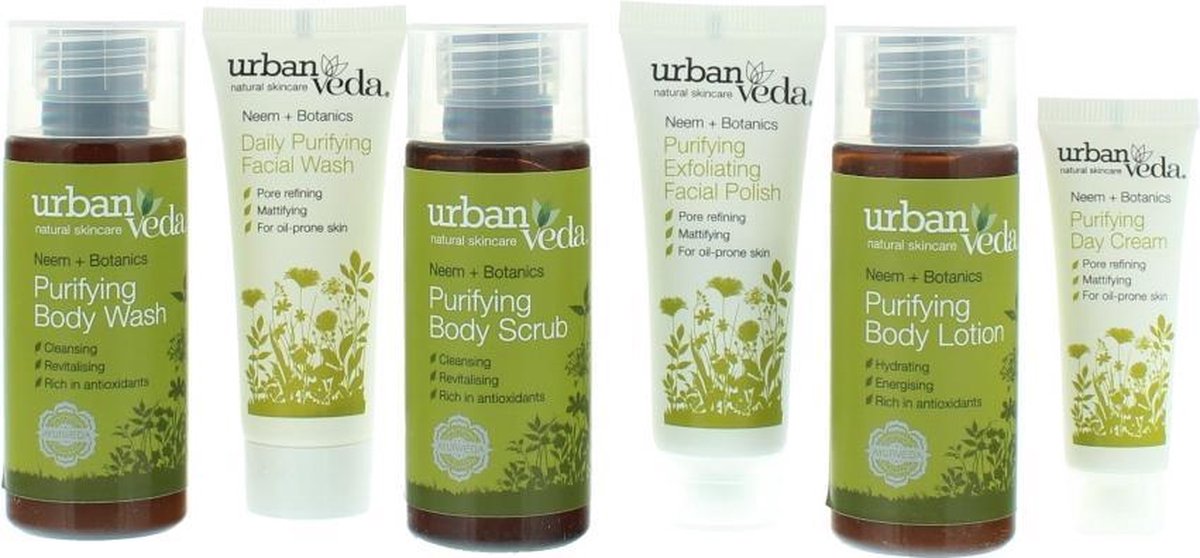 Urban Veda Purifying 6 Pieces Gift Set : Body Wash 50ml - Body Scrub 50ml - Body Lotion 50ml - Facial Wash 20ml - Facial Polish 20ml - Day Cream 10ml