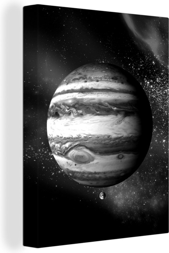 Canvas Schilderij Jupiter in vergelijking met de aarde illustratie - zwart wit - 90x120 cm - Wanddecoratie