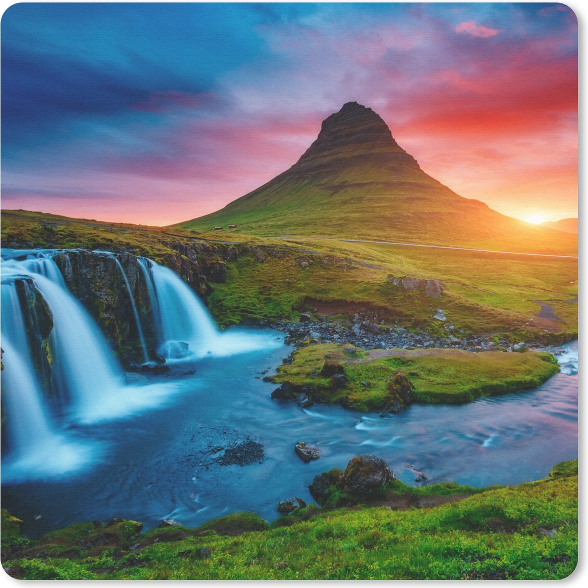 Muismat 30x30 cm - Mousepad Waterval - Berg - Mos - Zonsondergang - Natuur - Muismatten