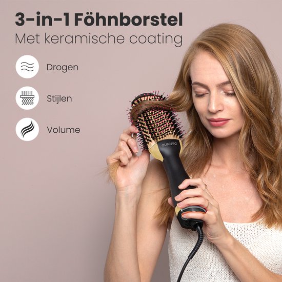 Auronic 3-in-1 Föhnborstel - Keramische Magic Brush - Airstyler - Lang/Stijl/Krullen - 1000W - Zwart/Goud - Auronic