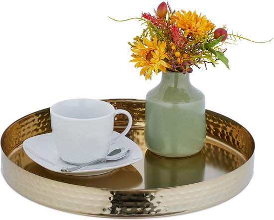 Relaxdays dienblad rond - goud - met rand - 32 cm - serveerschaal - kaarsenplateau