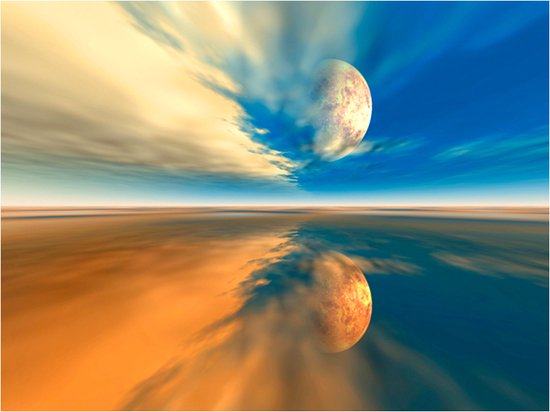 Papier peint représentant un paysage extraterrestre avec deux lunes et un reflet.