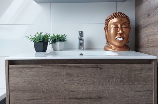 Bronzen Boeddha hoofd tissuehouder op een badkamermeubel met planten.