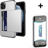 ShieldCase Kaarthouder case met slide geschikt voor Apple iPhone 12 / 12 Pro - 6.1 inch - zilver + glazen Screen Protector