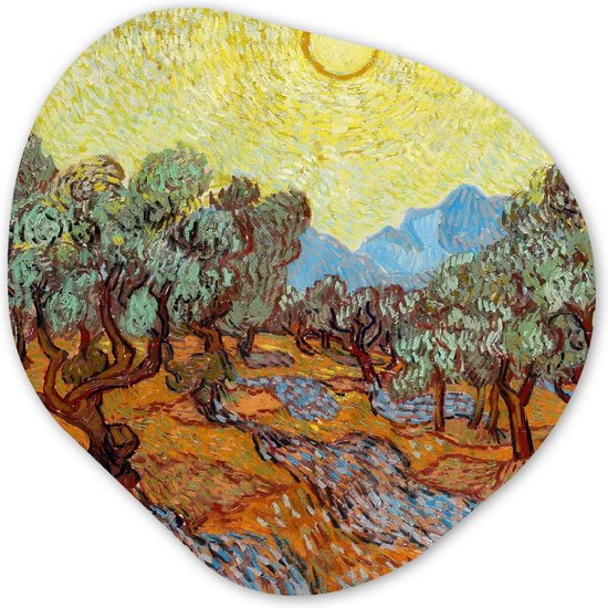 Organische Wanddecoratie - Kunststof Muurdecoratie- Organisch Schilderij - Olijfbomen met gele hemel en zon - Vincent van Gogh- 60x60 cm - Organische spiegel vorm op kunststof