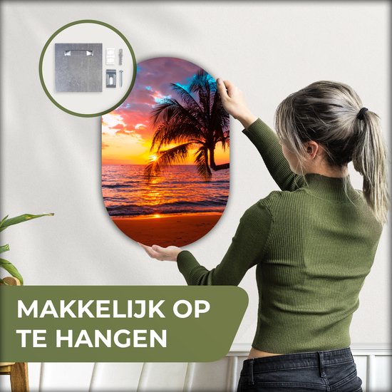 Ovale mural - Décoration murale plastique - Tableau ovale - Palmier - Coucher de soleil - Plage - Mer - Horizon - 40x60 cm - Forme miroir ovale sur plastique