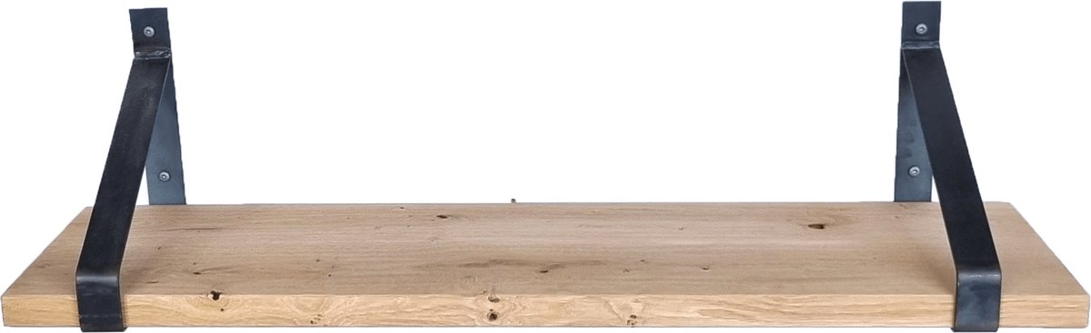 GoudmetHout Wandplank Industrieel - 60 x 30 cm Muurplank - Eiken Hout - Decoratie Wandrek & Boekenrek - Hangplank Keuken - Wall Shelf + 2 Plankdragers van Ruw Staal Licht eiken, zonder coating - 30 cm