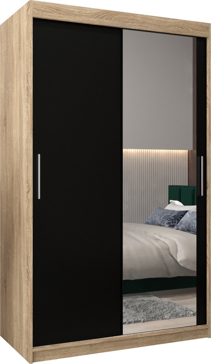 InspireME Kledingkast met 2 schuifdeuren, Modern-stijl, Kledingkast met planken (BxHxD): 120x200x62 - TORM II 120 Sonoma Eik + Zwart Mat
