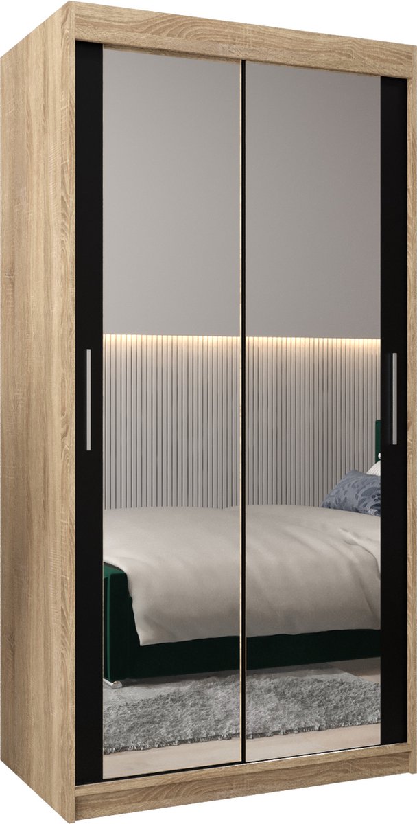 InspireME Kledingkast met 2 schuifdeuren, Modern-stijl, Kledingkast met planken (BxHxD): 100x200x62 - TORM III 100 Sonoma Eik + Zwart Mat met 2 lades
