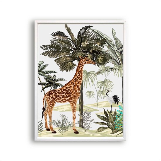 PosterDump - Poster Giraffe en kraanvogel in jungle links aquarel / waterkleur - Dieren Paarden Poster - Kinderkamer / Babykamer - 80x60cm