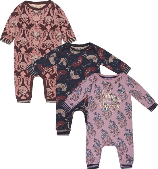 Foto: Charlie choe 3pack boxpakjes slaappakjes bruin met prints navy met waaier roze met unicorn maat 62