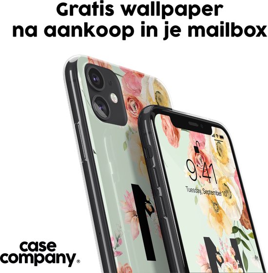Twee telefoonhoesjes met bloemenmotieven en initialen. Eén hoesje met 'M' en een opstartscherm met bloemen.