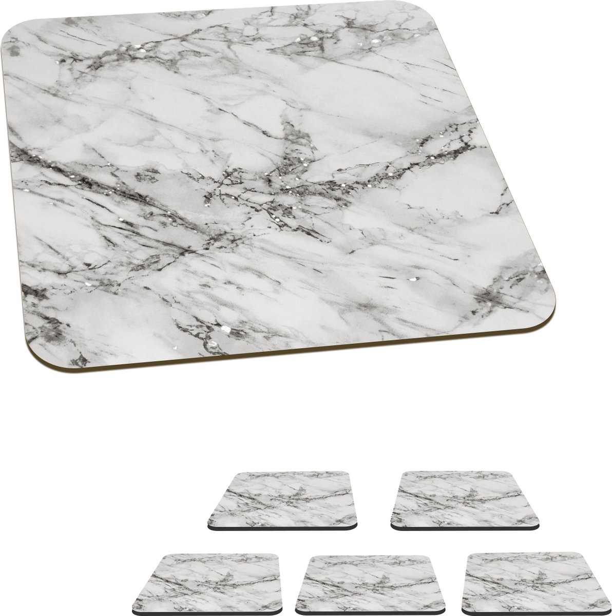 Onderzetters voor glazen - Marmer - Grijs - Glitter - 10x10 cm - Glasonderzetters - 6 stuks