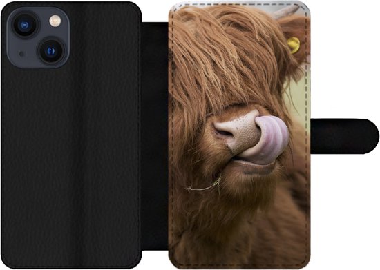 Bookcase téléphone iPhone 13 Mini Bookcase - Scottish Highlander - Marron - Animaux - Avec compartiments - Étui portefeuille avec fermeture magnétique