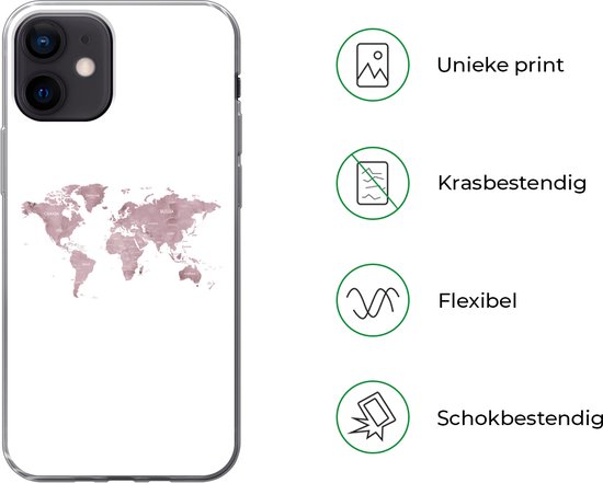 Telefoonhoesje Geschikt voor iPhone 12 hoesje - Wereldkaart - Roze - Wit - Siliconen Telefoonhoesje Telefoonhoesje