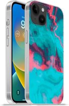 Geschikt voorApple Iphone 14 Plus - Soft case hoesje - Abstract - Neon - Roze - Blauw - Siliconen Telefoonhoesje - Verjaardag cadeau tiener