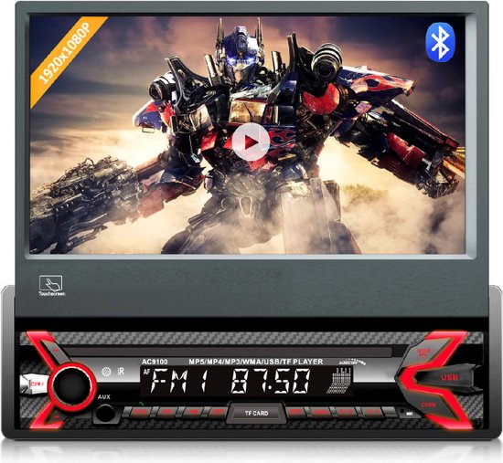 Autoradio met uitklapbaar 7-inch HD-scherm met Bluetooth-symbool, waarop een afbeelding van de Transformers staat.