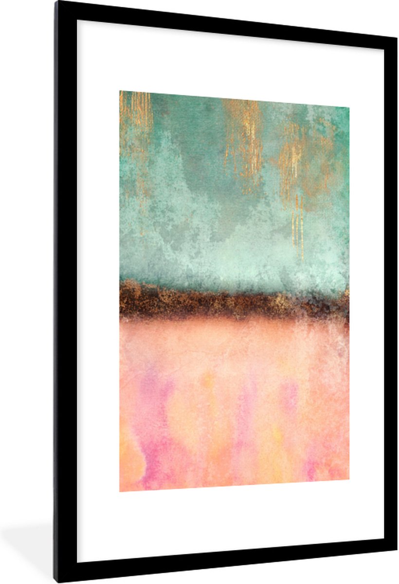 Fotolijst incl. Poster - Goud - Verf - Abstract - Groen - Roze - 60x90 cm - Posterlijst