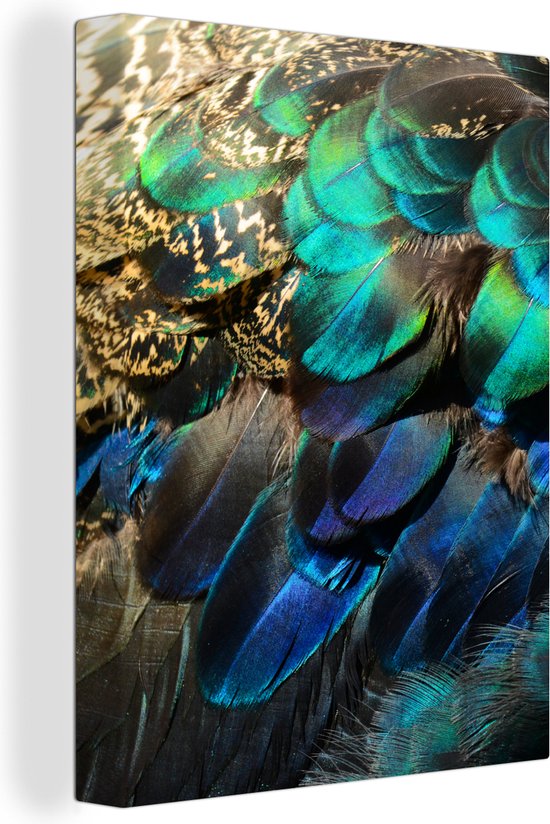 Peinture sur Toile Ressorts - Plumes de Paon - Paon - Blauw - Art - 90x120 cm - Décoration murale