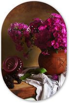 Muurovaal - Wandovaal - Kunststof Wanddecoratie - Ovalen Schilderij - Rustiek - Bloemen - Roze - Vaas - Stilleven - 80x120 cm - Ovale spiegel vorm op kunststof