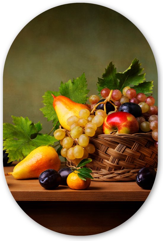 Ovale mural - Ovale mural - Décoration murale murale en plastique - Tableau ovale - Rustique - Corbeille - Fruits - Nature morte - 80x120 cm - Forme miroir ovale sur plastique