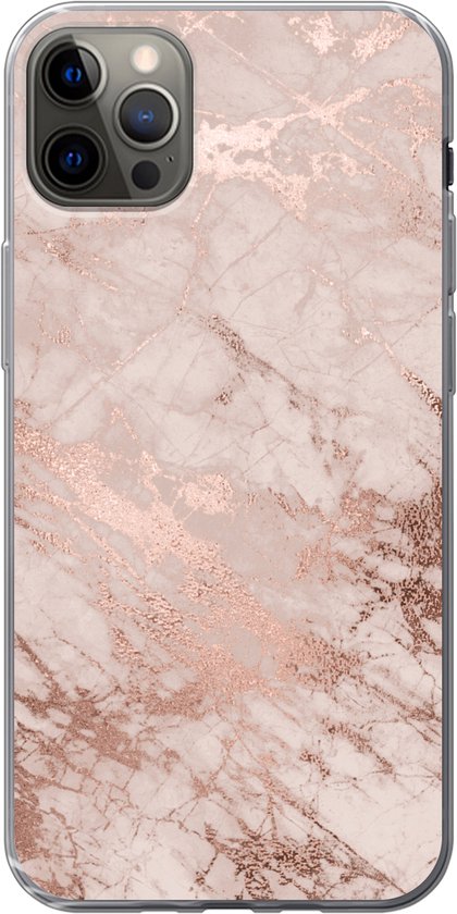 Coque de téléphone en marbre rose avec des accents scintillants couleur cuivre.