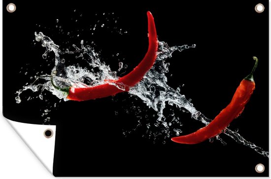 Affiche jardin - Toile jardin - Posters de jardin extérieur - Piment - Nature morte - Water - Zwart - Rouge - 120x80 cm - Jardin
