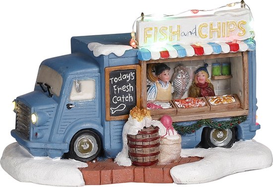 Luville - Fish and chips foodtruck battery operated - l16,5xb10,5xh10cm - Kersthuisjes & Kerstdorpen