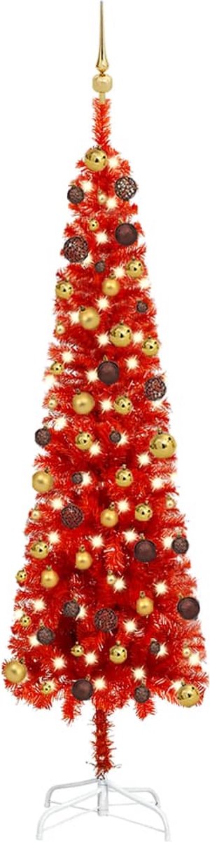 Prolenta Premium - Kerstboom met LED's en kerstballen smal 210 cm rood