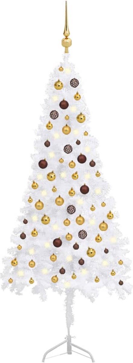 Prolenta Premium - Kunstkerstboom met LED's en kerstballen hoek 180 cm PVC wit