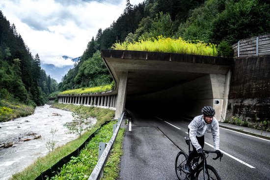 Man op racefiets onder een betonnen tunnel met groen dak, rijdt langs een rivier in een witte fietsregenjas.