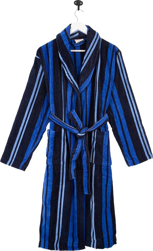 Luxe badjas van katoen - blauw strepen - sauna - sjaalkraag badjas heren