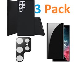 Soft TPU Siliconen Hoesje Back Cover zwart + Privacy Scherm Tempered Glass Screen Protector + Camera lens Beschermer zwart Geschikt voor :Samsung Galaxy S22 Ultra