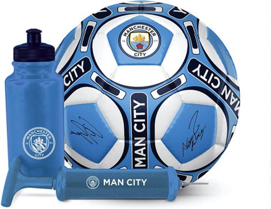 Manchester City - coffret cadeau - football avec autographes - gourde -  pompe à ballon