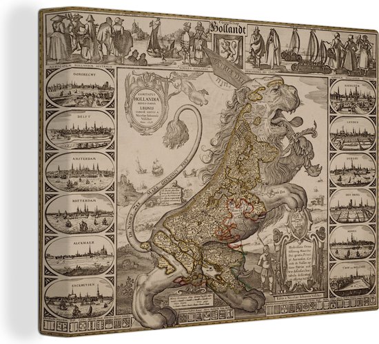 Canvas Schilderij Landkaart van Nederland in de vorm van een leeuw - 80x60 cm - Wanddecoratie