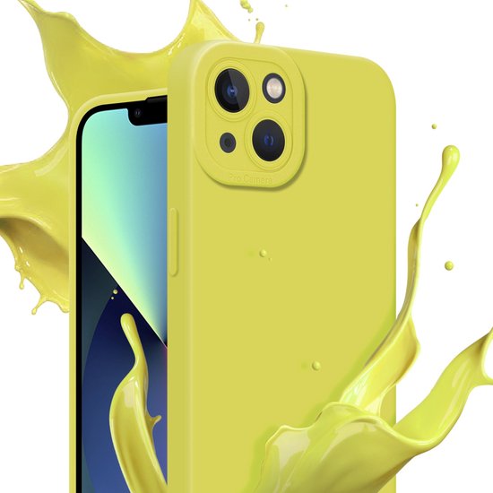 Étui iPhone jaune avec des éclaboussures de peinture jaune sur fond blanc.