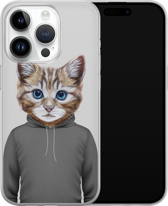 Coque iPhone 14 Pro Silicone - Chat mignon - Coque souple pour téléphone - Chat - Transparent, Grijs
