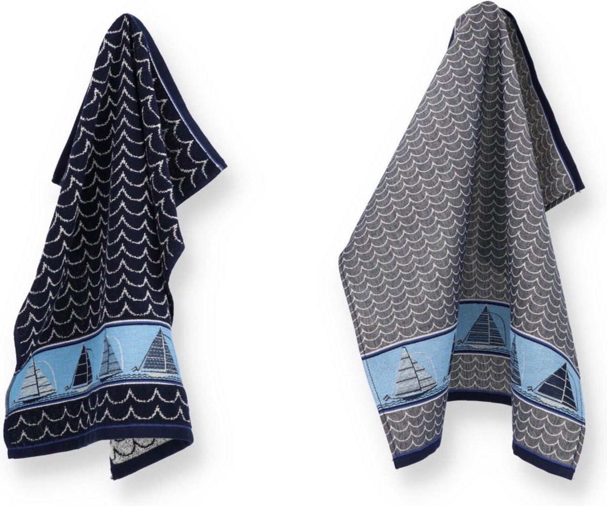 Luxe Keukendoek en Theedoek Boot Donkerblauw - Bunzlau Castle - 100% biologisch katoen - Keukendoek 60x53cm en Theedoek 65x65cm