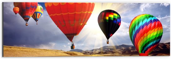 WallClassics - Dibond - Close up van Vier Luchtballonnen boven Landschap - 60x20 cm Foto op Aluminium (Met Ophangsysteem)