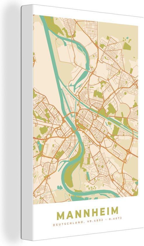 Canvas Schilderij Plattegrond - Kaart - Vintage - Stadskaart - Mannheim - 40x60 cm - Wanddecoratie