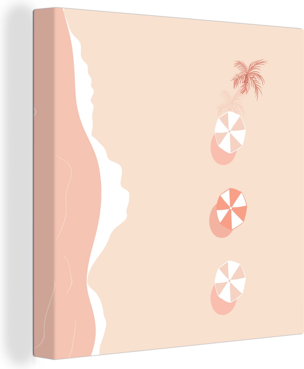 Canvas Schilderij Strand - Parasols - Roze - Pastel - 20x20 cm - Wanddecoratie